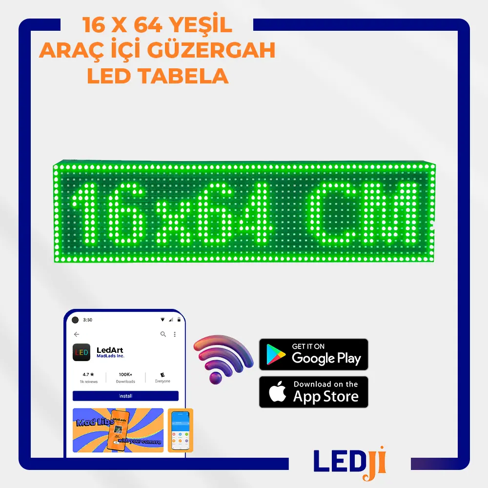 16x64 cm Yeşil Araç İçi Güzergah LED Tabela - Kayan Yazı ile Kolay Okunabilirlik ve Yüksek Görünürlük