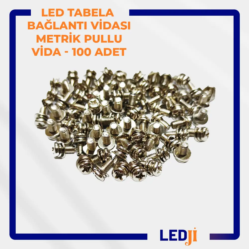 LED Tabela Bağlantı Vidası Metrek Pullu Vida - 100 Adet, LED tabela montajlarınız için dayanıklı ve güvenli bağlantılar sağlar.