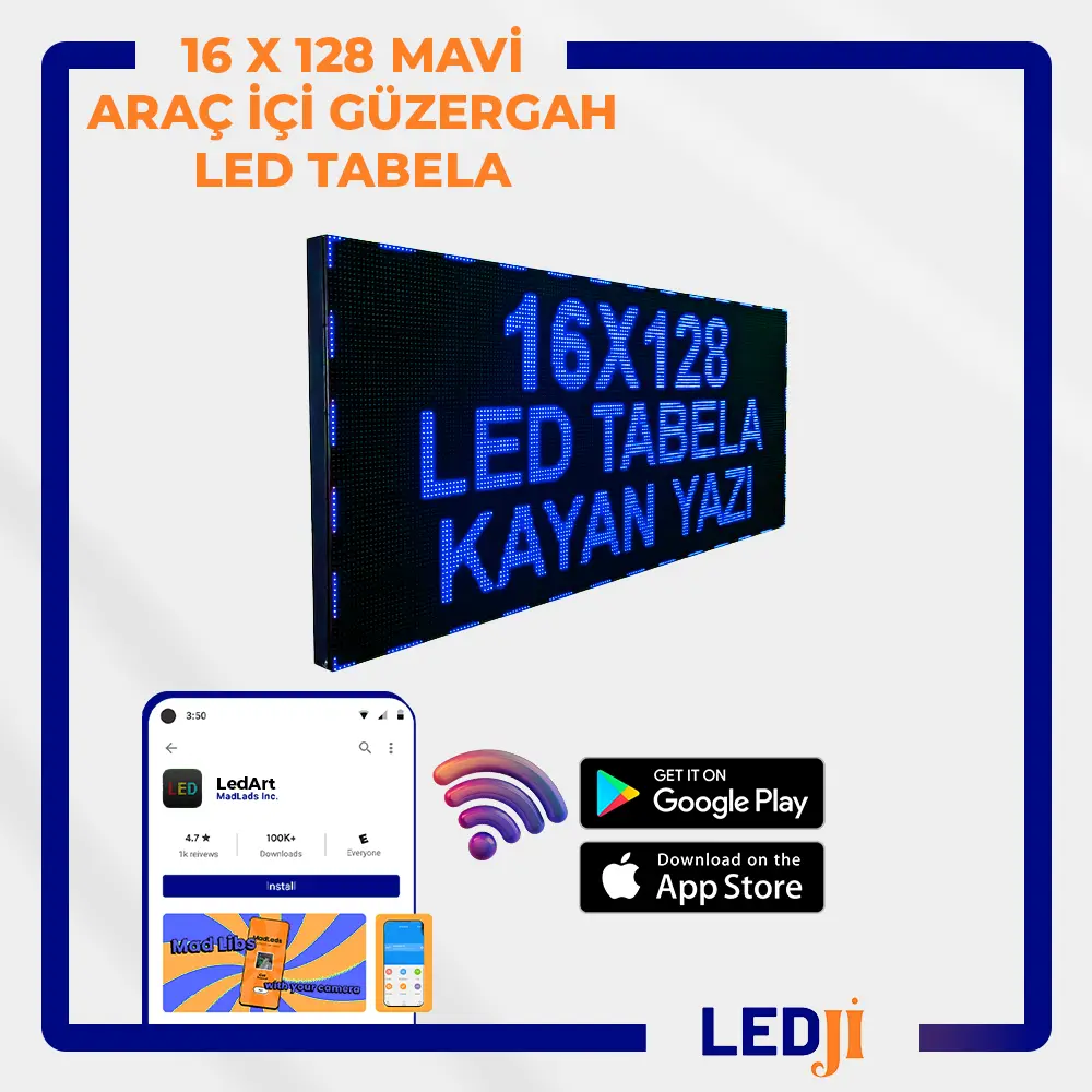 16 X 128 Mavi LED Araç İçi Güzergah Tabelası - Etkili ve net yönlendirme sağlayan mavi LED ekran.