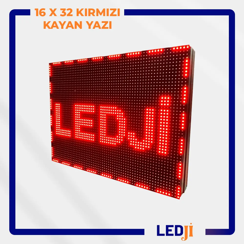 16x32 Kırmızı Kayan Yazı LED ekranının açık görünümü, şık ve modern tasarımıyla dikkat çekici.