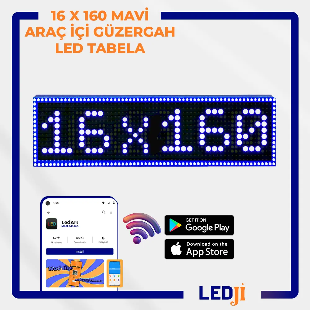 16 X 160 Mavi LED Araç İçi Güzergah Tabelası - Yüksek görünürlük ve etkili yönlendirme sağlayan mavi LED ekran.
