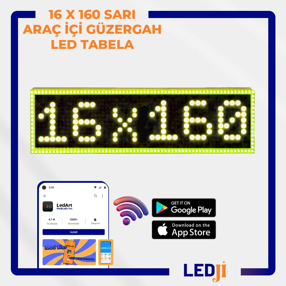 16 X 160 Sarı LED Araç İçi Güzergah Tabelası - Yüksek görünürlük ve etkili yönlendirme sağlayan sarı LED ekran.