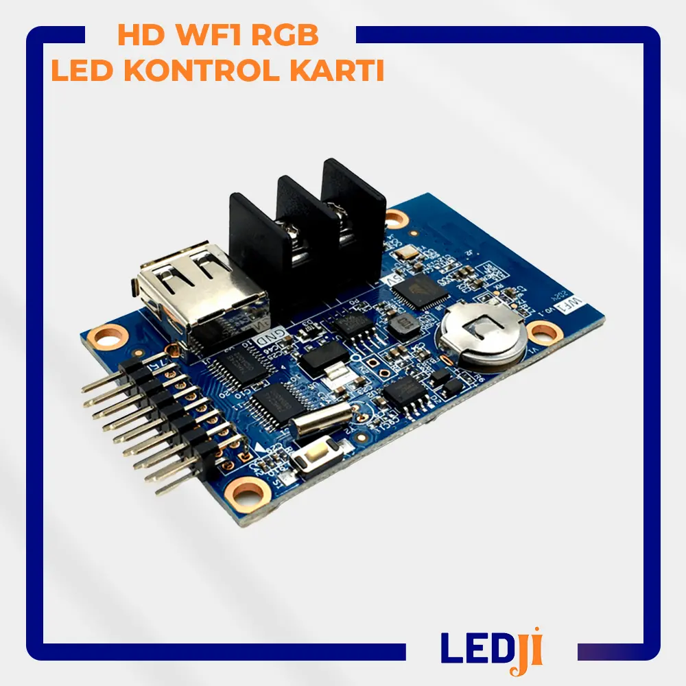 HD WF1 RGB LED Kontrol Kartı 2 ön yüzü ve bağlantı noktaları