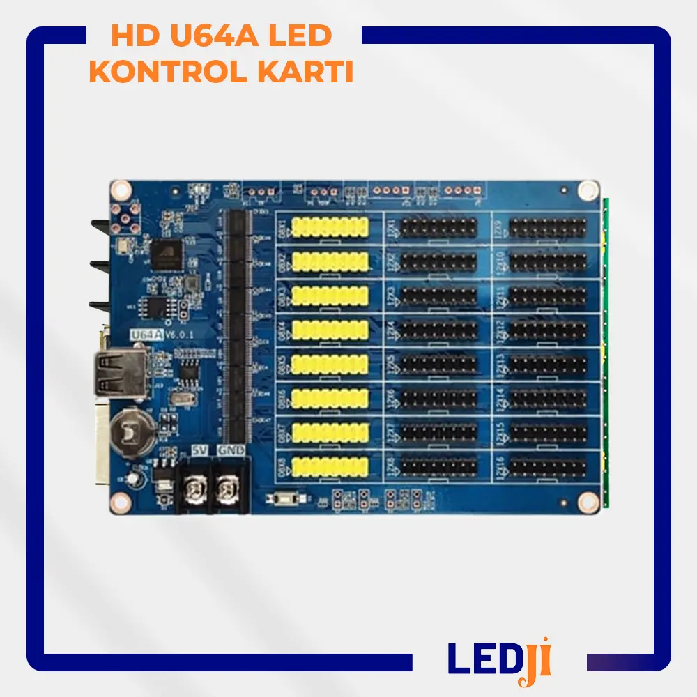 HD U64A LED Kontrol Kartı ön yüz ve bağlantı portları