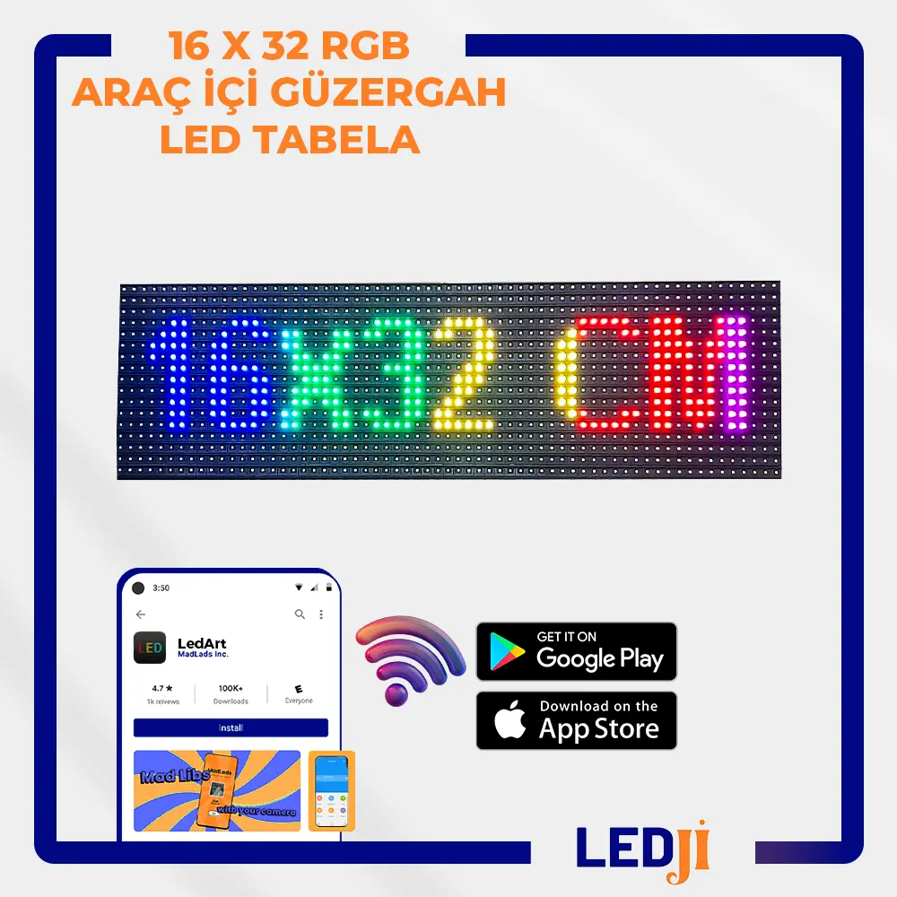 16x32 cm RGB Araç İçi Güzergah LED Tabela - Canlı Renkler ve Kayan Yazı Teknolojisiyle Yüksek Okunabilirlik