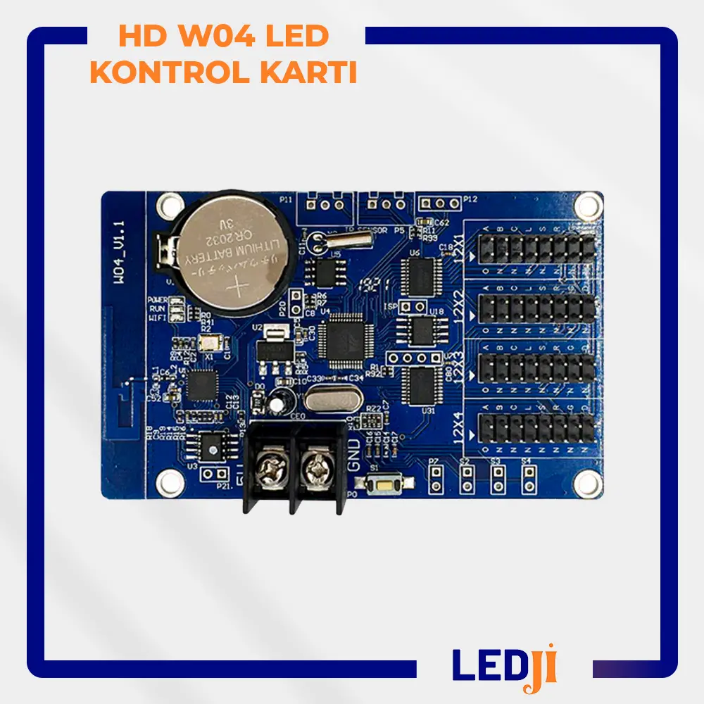 HD W04 LED Kontrol Kartı ön yüz bileşenleri ve bağlantı noktaları