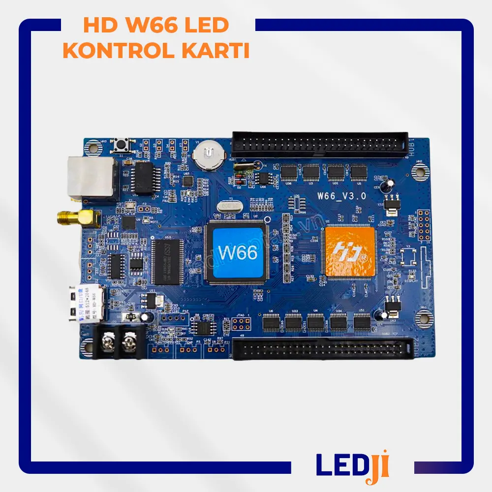 HD W66 LED Kontrol Kartı ön yüz bileşenleri ve bağlantı noktaları