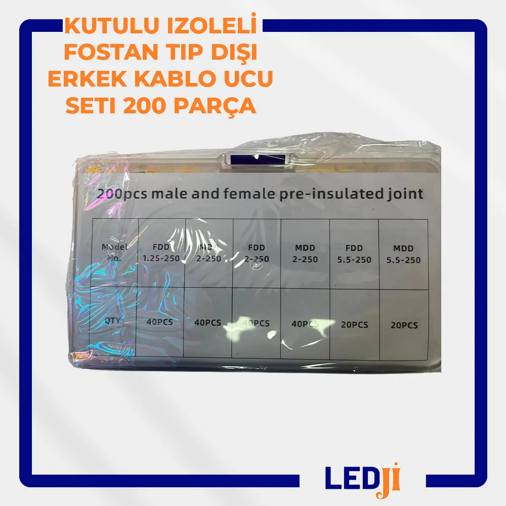 Kutulu 200 parça izoleli fostan tip dişi erkek kablo ucu seti genel görünüm