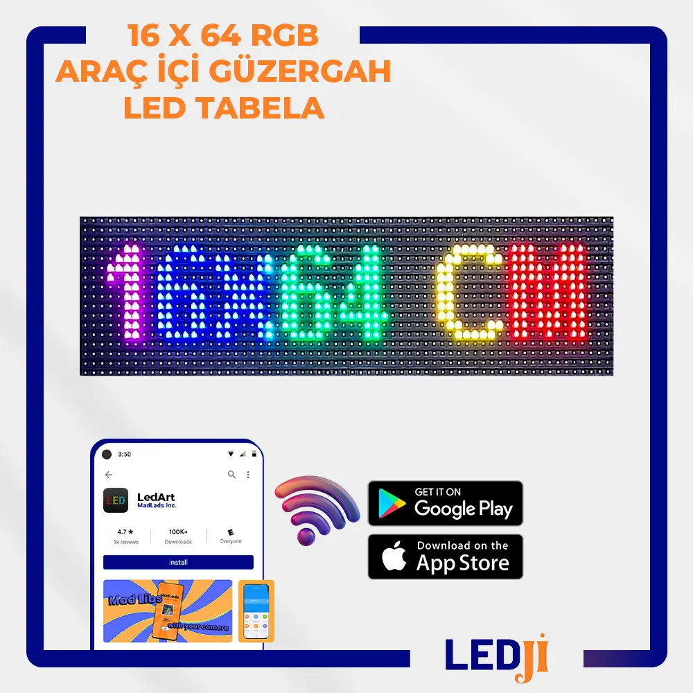16x64 cm RGB Araç İçi Güzergah LED Tabela - Kayan Yazı Teknolojisi ile Canlı ve Yüksek Görünürlük