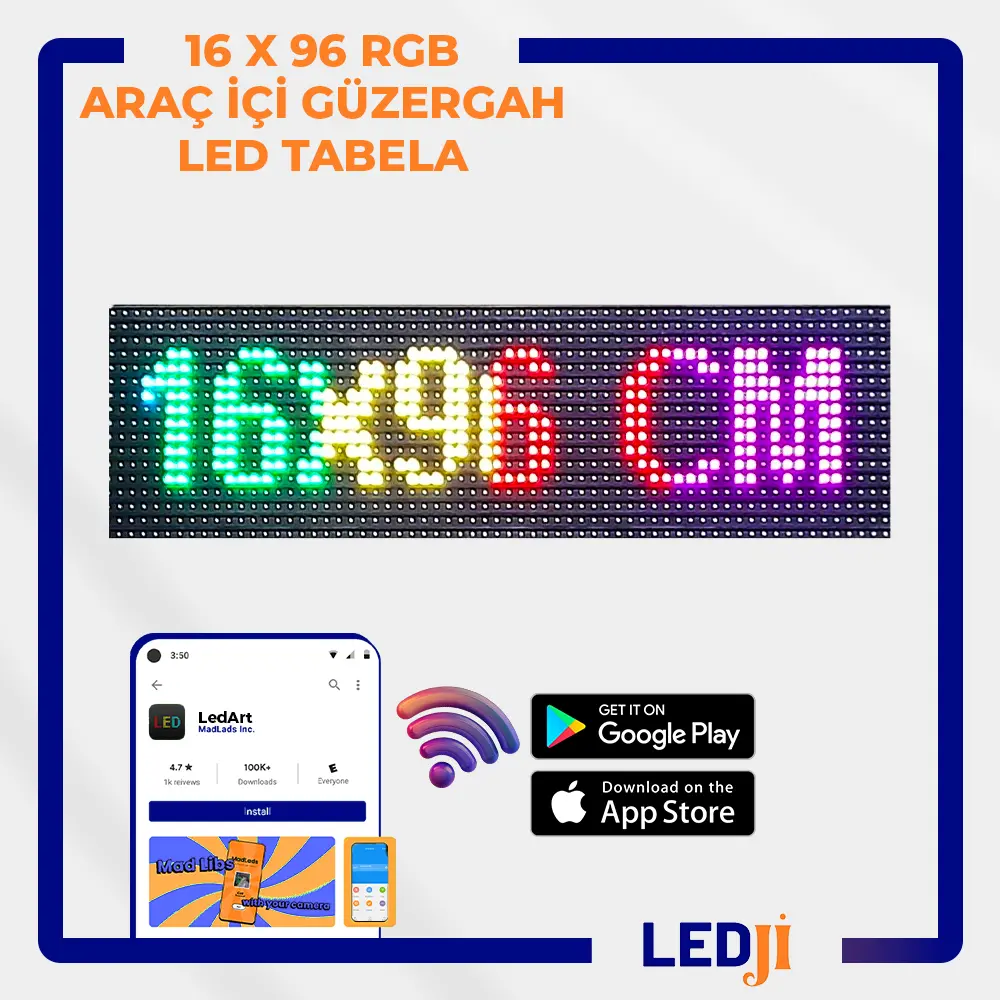 16 X 96 RGB LED Araç İçi Güzergah Tabelası - Çok renkli LED ekran ile dinamik yönlendirme.