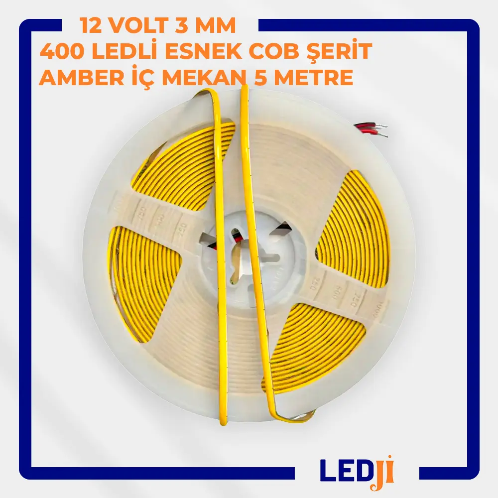 12 Volt 3 mm 400 LED/m Esnek Amber COB Şerit LED 5 Metre