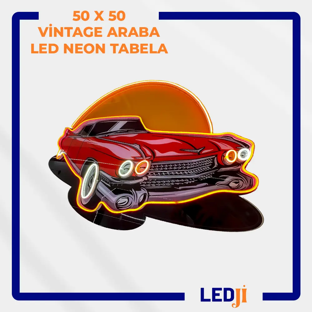 50x50 vintage araba tasarımlı LED neon tabela – ön görünüm