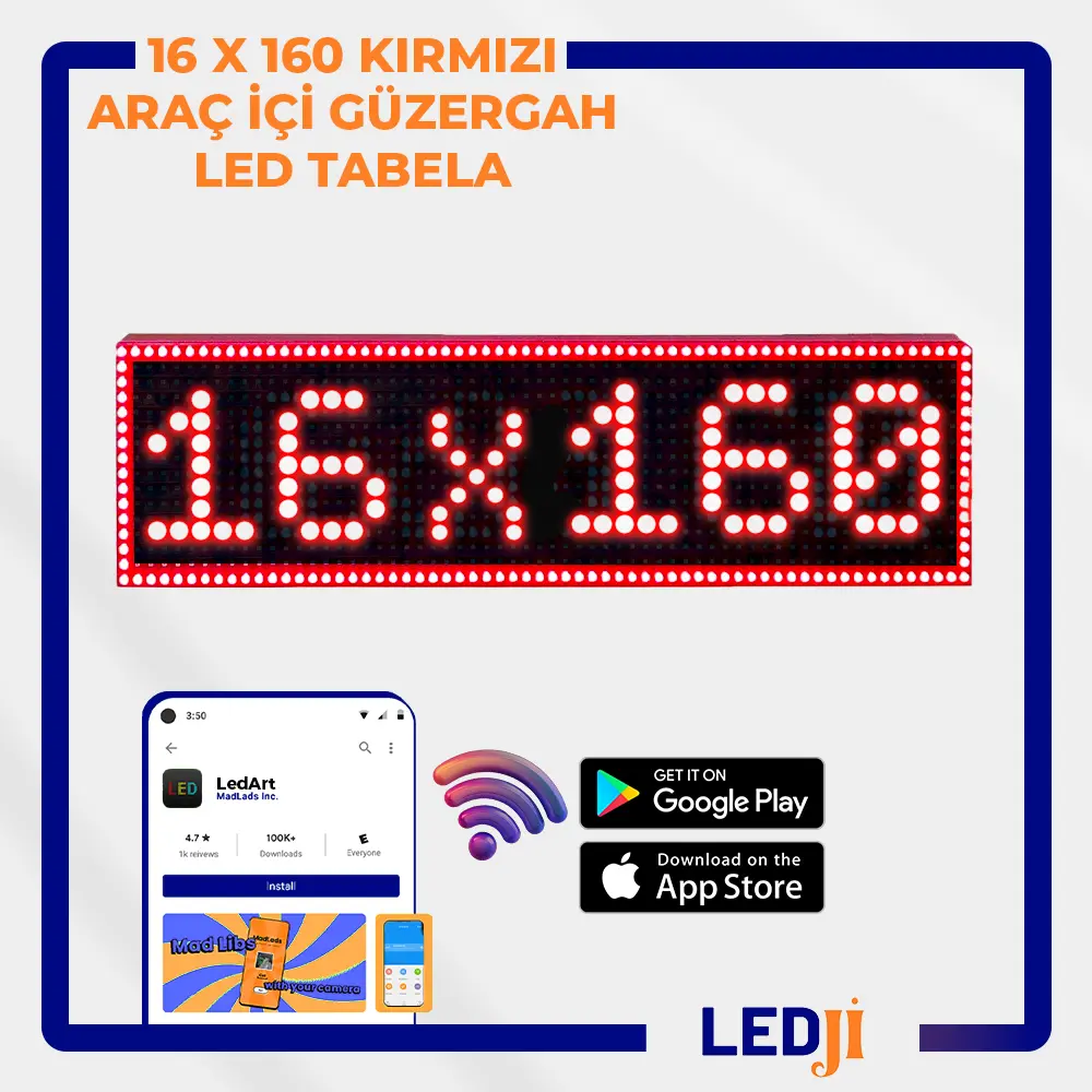 16 X 160 Kırmızı LED Araç İçi Güzergah Tabelası - Yüksek kontrastlı ve net yönlendirme sağlayan kırmızı LED ekran.