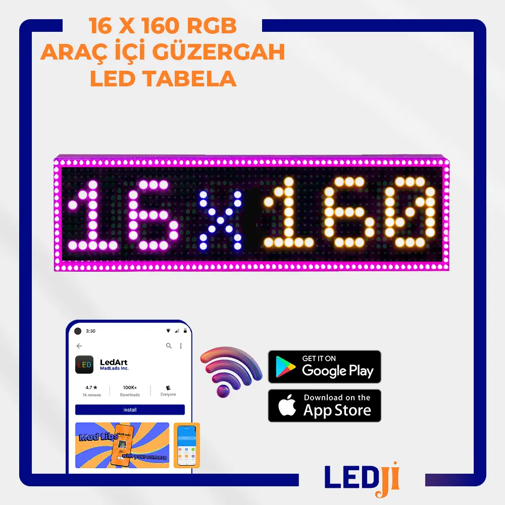 16 X 160 RGB LED Araç İçi Güzergah Tabelası - Dinamik renk geçişleriyle etkili yönlendirme sağlayan RGB LED ekran.