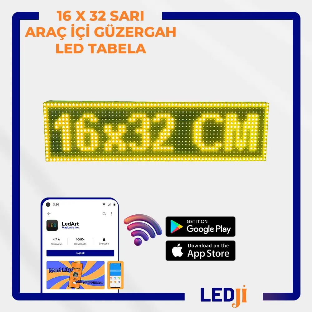16x32 cm Sarı Araç İçi Güzergah Led Tabela - Şık ve Modern Tasarım
