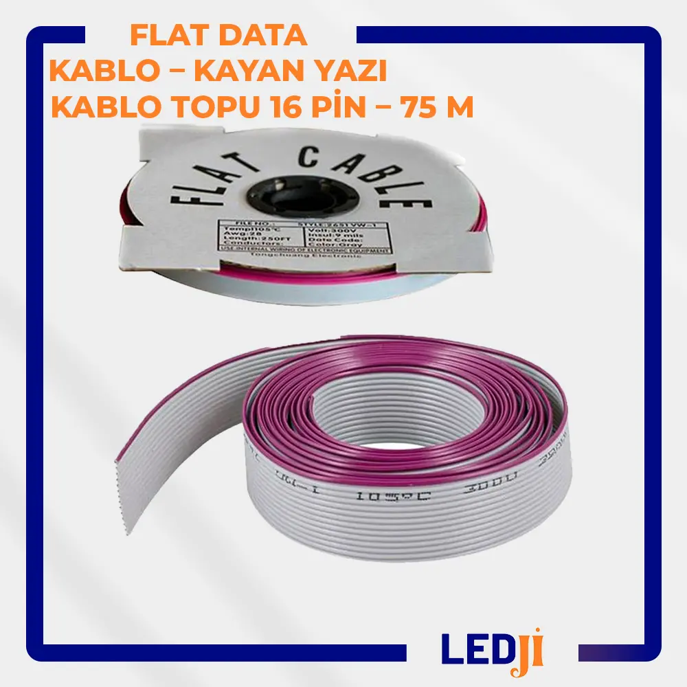 Flat Data Kablo Kayan Yazı Kablo Topu 16 Pin 75 Metre – Yüksek hızlı veri iletimi ve dayanıklı yapısı.