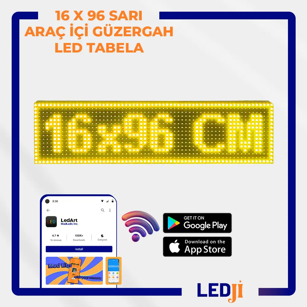 16 X 96 Sarı LED Araç İçi Güzergah Tabelası - Parlak sarı LED ekran ile etkili yönlendirme.