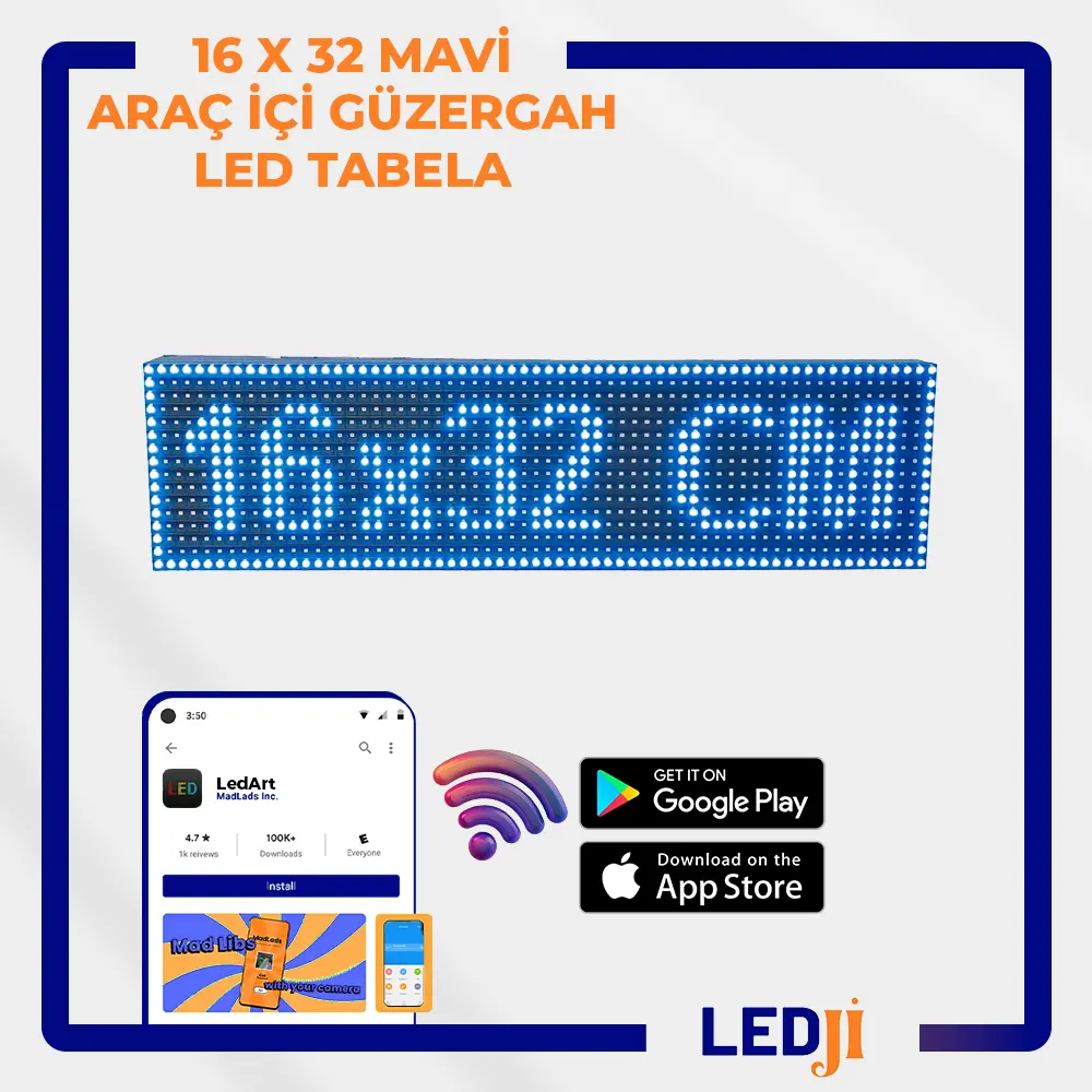 16x32 cm Mavi Araç İçi Güzergah LED Tabela - Şık ve Kullanışlı Kayan Yazı Teknolojisi