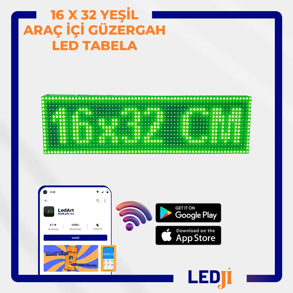 16x32 cm Yeşil Araç İçi Güzergah LED Tabela - Kayan Yazı Özelliği ile Kolay Okunabilirlik