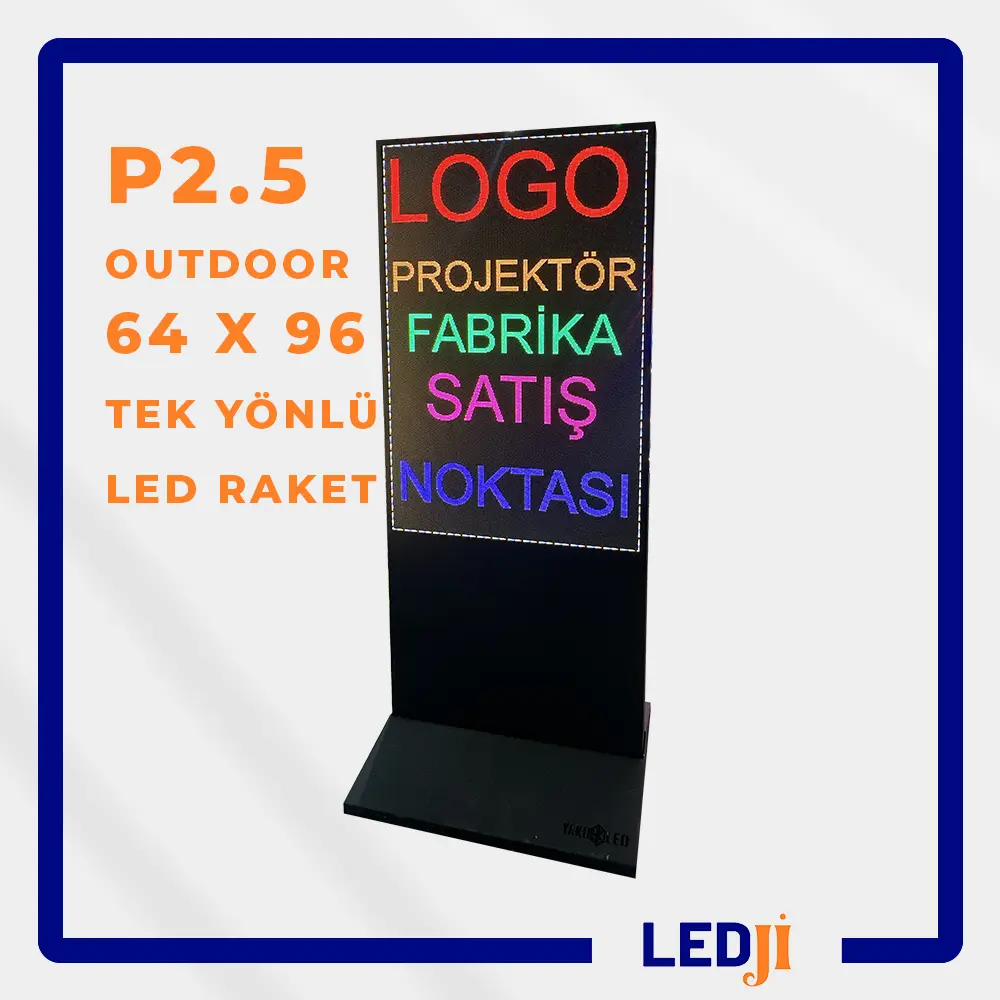 P2.5 Outdoor 64x96 Tek Yönlü LED Raket – Dış mekan kullanımı için dayanıklı ve yüksek çözünürlüklü ekran.