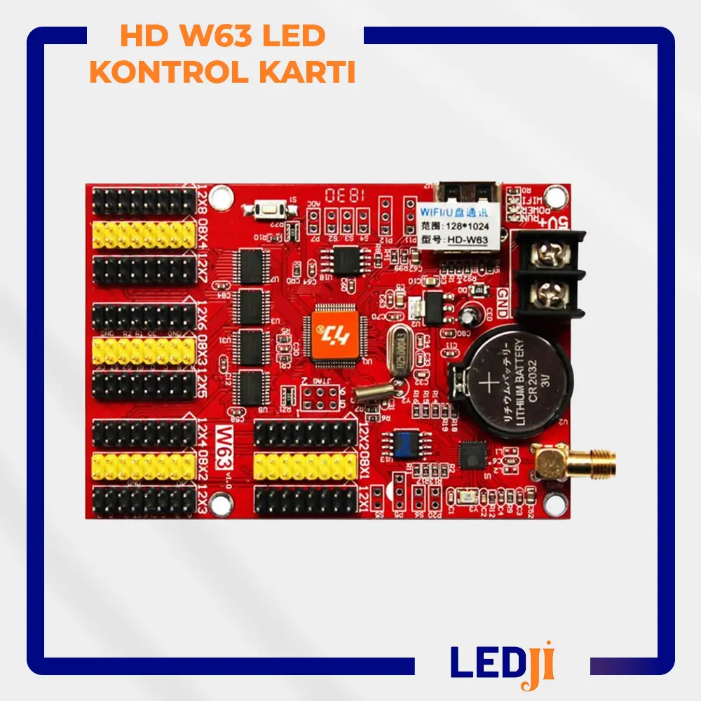 HD W63 LED Kontrol Kartı ön yüz görünümü ve bağlantı noktaları