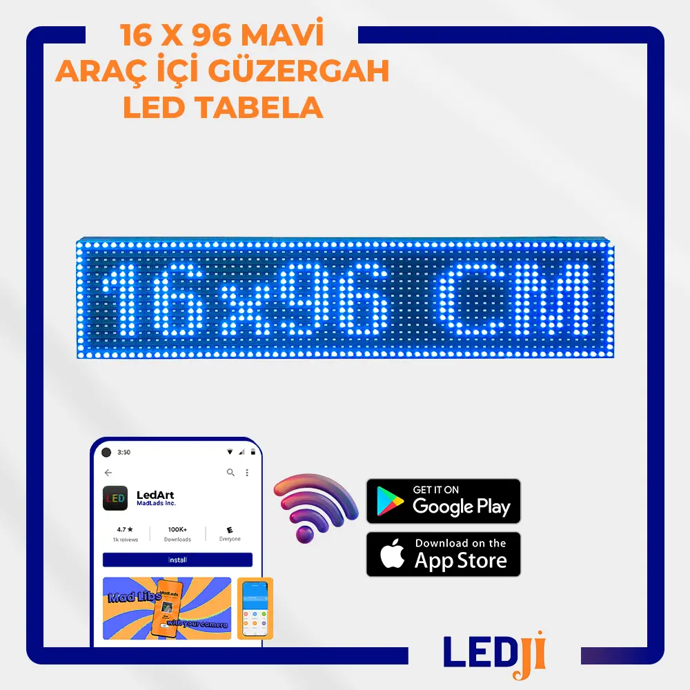 16 X 96 Mavi LED Araç İçi Güzergah Tabelası - Yüksek kaliteli LED ekranla kolay yönlendirme.