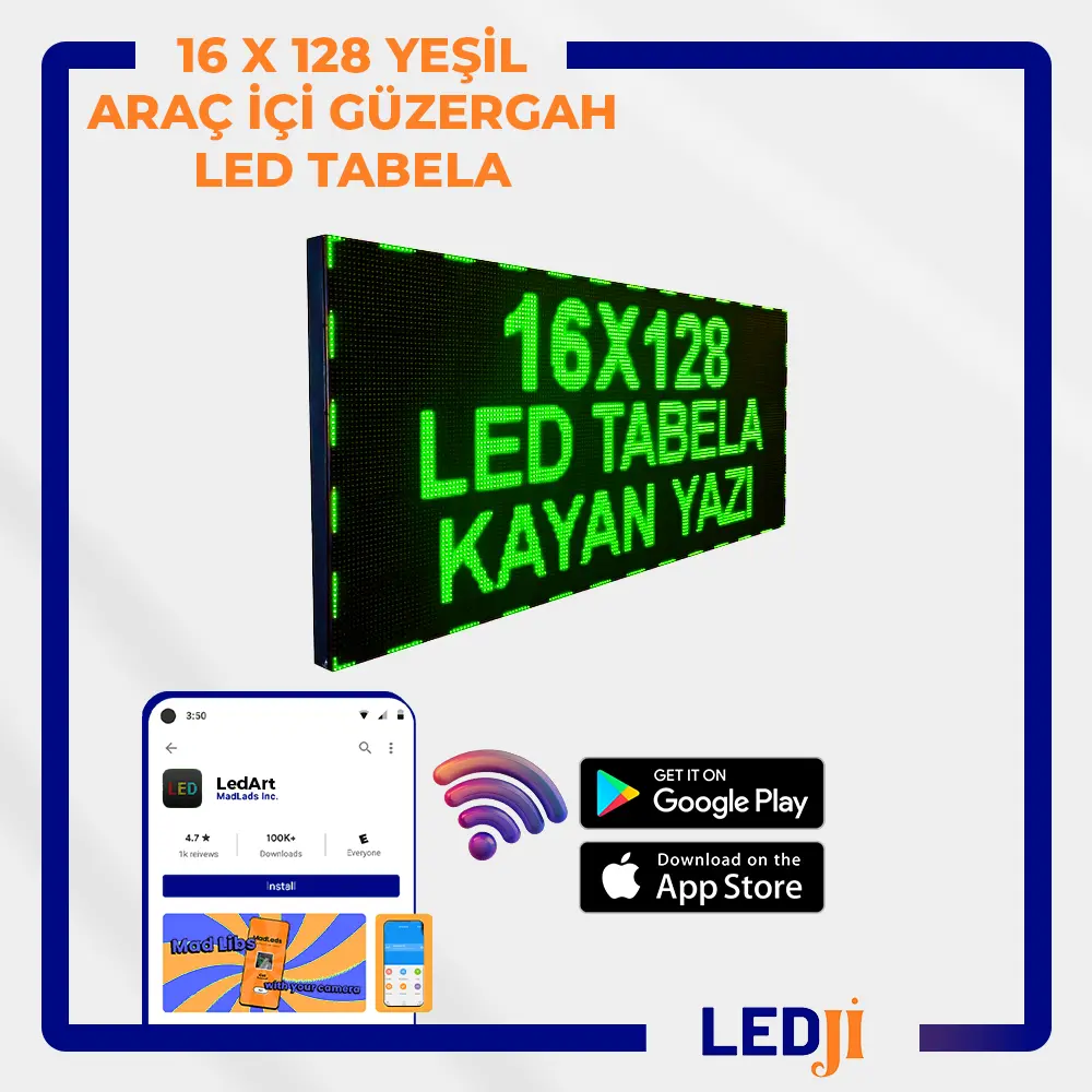 16 X 128 Yeşil LED Araç İçi Güzergah Tabelası - Net ve dikkat çekici yönlendirme sağlayan yeşil LED ekran.