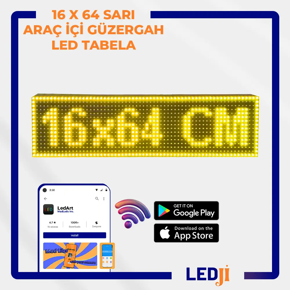 16x64 cm Sarı Araç İçi Güzergah LED Tabela - Kayan Yazı ile Kolay Okunabilirlik ve Yüksek Görünürlük