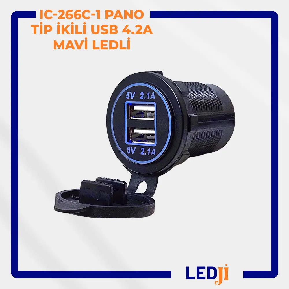 IC-266C-1 Pano Tip İkili USB Şarj Soketi 4.2A Mavi LEDli Ön Görünüm