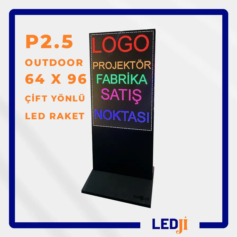 P2.5 Outdoor 64x96 Tek Yönlü LED Raket – Dış mekan kullanımı için dayanıklı ve yüksek çözünürlüklü ekran.