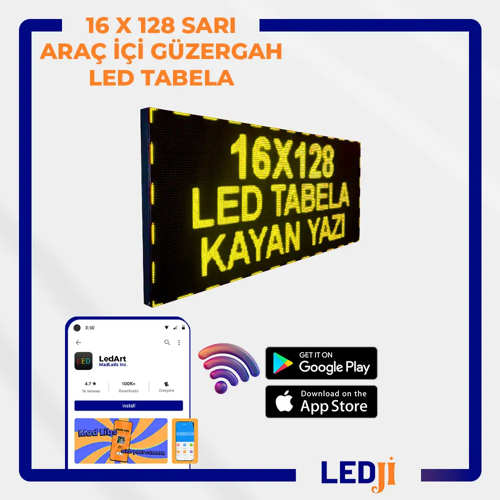 16 X 128 Sarı LED Araç İçi Güzergah Tabelası - Etkili yönlendirme sağlayan parlak sarı LED ekran.